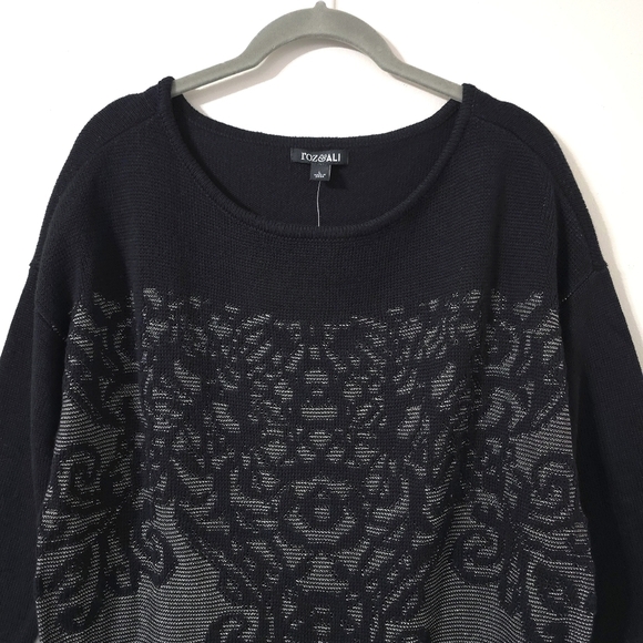 ROZ & ALI Half Sleeve Black Knit Sweater Blouse Metallic Jaquard Filagree Front - Picture 12 of 14